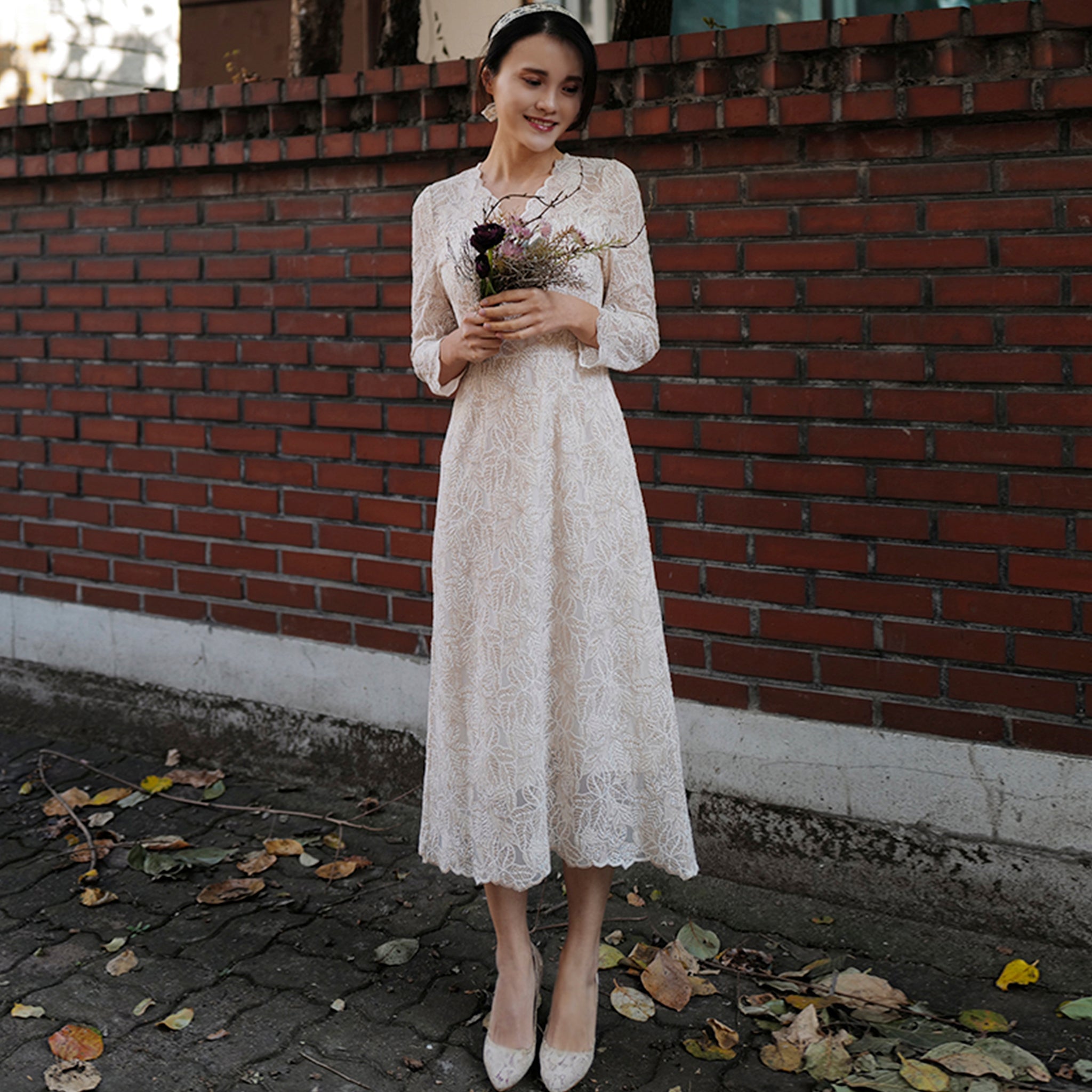 Elegant A-line Lace Long Sleeve Wedding Dress with Mid-calf Length - Rosymae