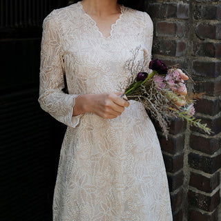 Elegant A-line Lace Long Sleeve Wedding Dress with Mid-calf Length - Rosymae