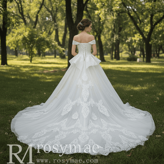 Elegant A-line Ruffle Skirt Vintage Wedding Dress with Off the Shoulder - Rosymae