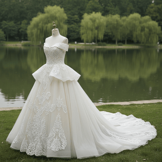 Elegant A-line Ruffle Skirt Vintage Wedding Dress with Off the Shoulder - Rosymae