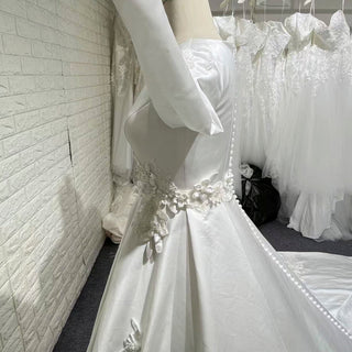 Elegant A-line Satin 3D Petals Wedding Dresses with Long Sleeve - Rosymae