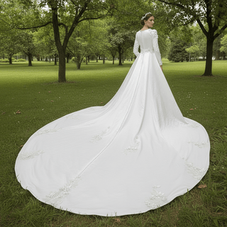 Elegant A-line Satin 3D Petals Wedding Dresses with Long Sleeve - Rosymae