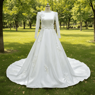 Elegant A-line Satin 3D Petals Wedding Dresses with Long Sleeve - Rosymae