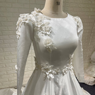 Elegant A-line Satin 3D Petals Wedding Dresses with Long Sleeve - Rosymae