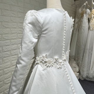Elegant A-line Satin 3D Petals Wedding Dresses with Long Sleeve - Rosymae