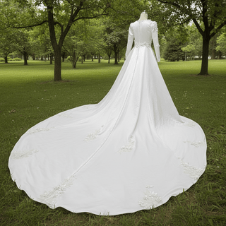 Elegant A-line Satin 3D Petals Wedding Dresses with Long Sleeve - Rosymae
