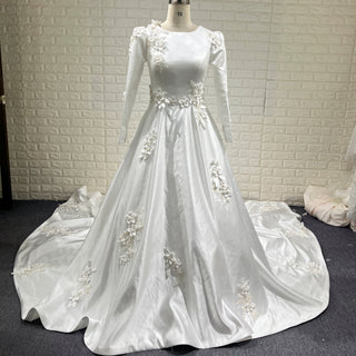 Elegant A-line Satin 3D Petals Wedding Dresses with Long Sleeve - Rosymae