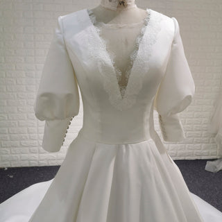 Elegant A-line Satin Vintage Wedding Dress with Long Lantern Sleeve - Rosymae
