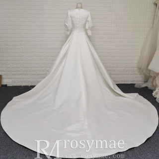 Elegant A-line Satin Vintage Wedding Dress with Long Lantern Sleeve - Rosymae
