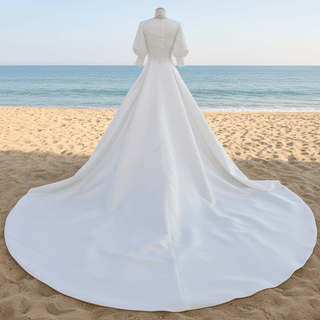 Elegant A-line Satin Vintage Wedding Dress with Long Lantern Sleeve - Rosymae