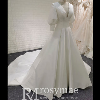 Elegant A-line Satin Vintage Wedding Dress with Long Lantern Sleeve - Rosymae