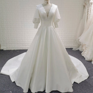 Elegant A-line Satin Vintage Wedding Dress with Long Lantern Sleeve - Rosymae