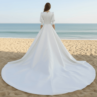 Elegant A-line Satin Vintage Wedding Dress with Long Lantern Sleeve - Rosymae