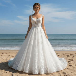 Elegant A Line Sheer Bodice Lace Appliqued Wedding Dress with Low Back - Rosymae