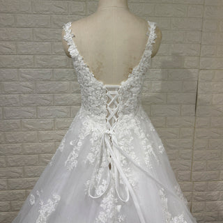 Elegant A Line Sheer Bodice Lace Appliqued Wedding Dress with Low Back - Rosymae