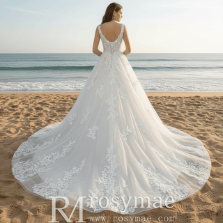 Elegant A Line Sheer Bodice Lace Appliqued Wedding Dress with Low Back - Rosymae