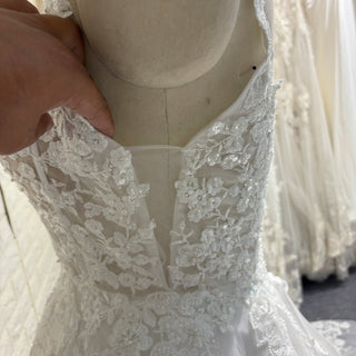 Elegant A Line Sheer Bodice Lace Appliqued Wedding Dress with Low Back - Rosymae