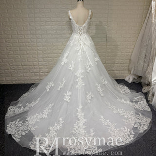 Elegant A Line Sheer Bodice Lace Appliqued Wedding Dress with Low Back - Rosymae
