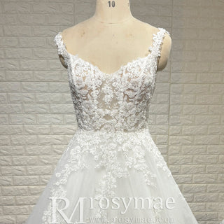 Elegant A Line Sheer Bodice Lace Appliqued Wedding Dress with Low Back - Rosymae