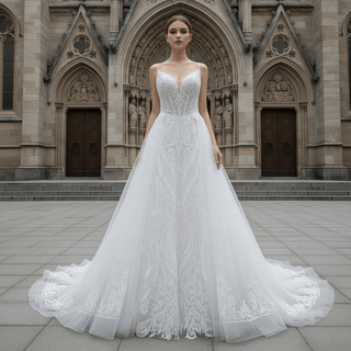 Elegant A-line Sheer Bodice Wedding Dress with Spaghetti Strap - Rosymae