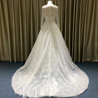 Elegant A-line Soft Tulle Lace Wedding Dress with Long Sleeve - Rosymae
