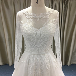 Elegant A-line Soft Tulle Lace Wedding Dress with Long Sleeve - Rosymae
