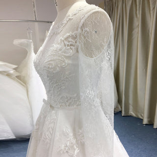Elegant A-line Soft Tulle Lace Wedding Dress with Long Sleeve - Rosymae