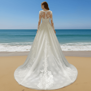 Elegant A-line Soft Tulle Lace Wedding Dress with Long Sleeve - Rosymae