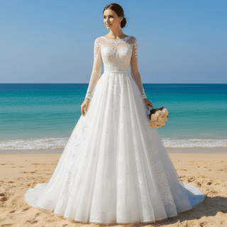 Elegant A-line Soft Tulle Lace Wedding Dress with Long Sleeve - Rosymae