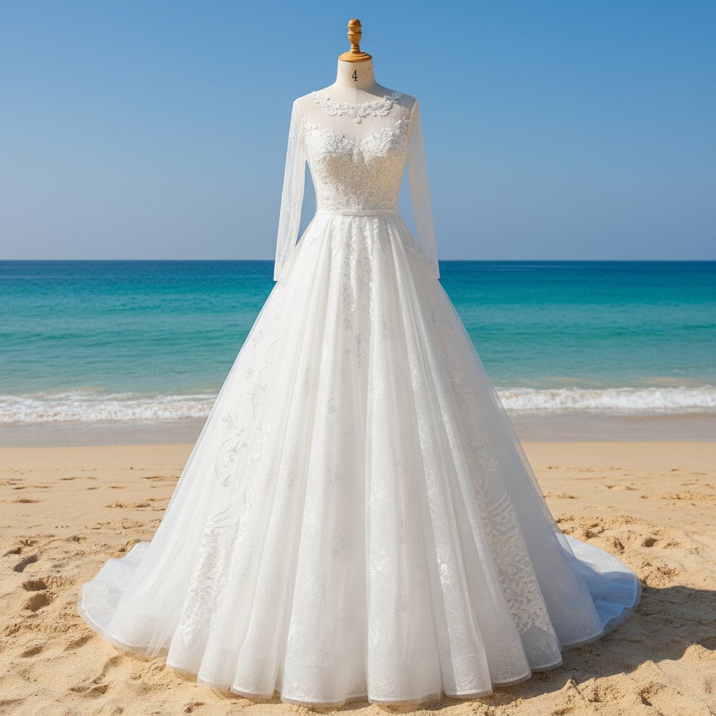 Elegant A-line Soft Tulle Lace Wedding Dress with Long Sleeve - Rosymae