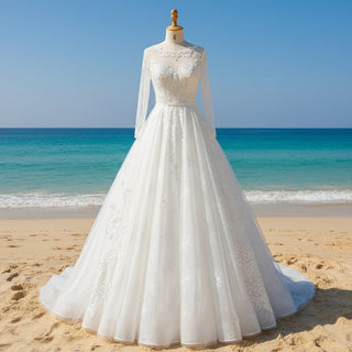 Elegant A-line Soft Tulle Lace Wedding Dress with Long Sleeve - Rosymae