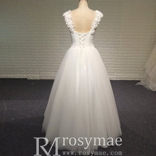 Elegant A Line Tulle Classic Wedding Dress with Flowers on Shoulder - Rosymae