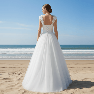 Elegant A Line Tulle Classic Wedding Dress with Flowers on Shoulder - Rosymae