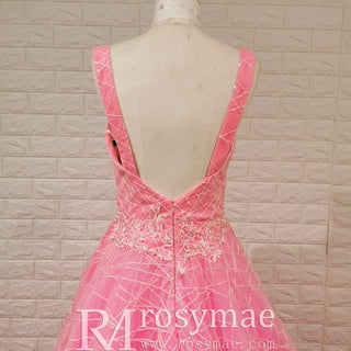 Elegant A Line V Neck Tank Sleeve Pink Tulle Prom Dress with Open Back - Rosymae