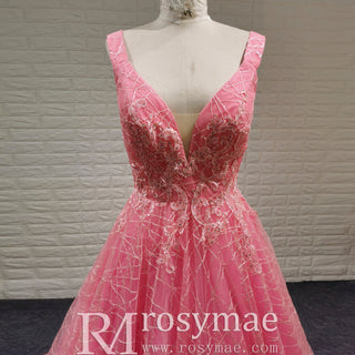 Elegant A Line V Neck Tank Sleeve Pink Tulle Prom Dress with Open Back - Rosymae
