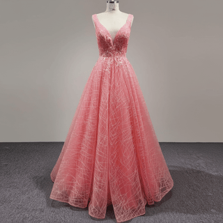 Elegant A Line V Neck Tank Sleeve Pink Tulle Prom Dress with Open Back - Rosymae