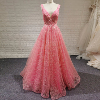 Elegant A Line V Neck Tank Sleeve Pink Tulle Prom Dress with Open Back - Rosymae