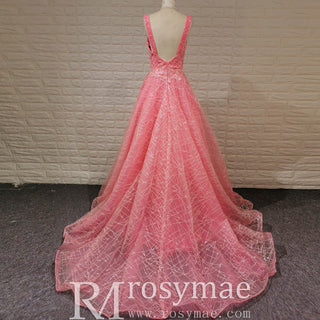 Elegant A Line V Neck Tank Sleeve Pink Tulle Prom Dress with Open Back - Rosymae