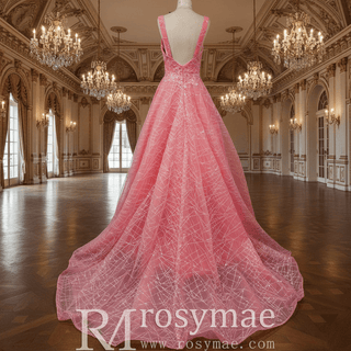 Elegant A Line V Neck Tank Sleeve Pink Tulle Prom Dress with Open Back - Rosymae