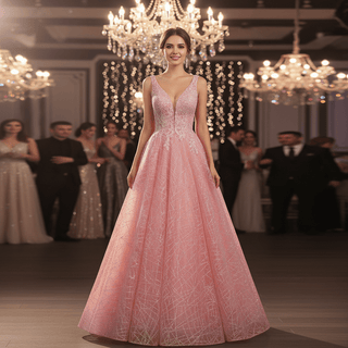 Elegant A Line V Neck Tank Sleeve Pink Tulle Prom Dress with Open Back - Rosymae