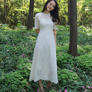 Elegant All-over Lace Midi Wedding Dress with Half Sleeves - Rosymae