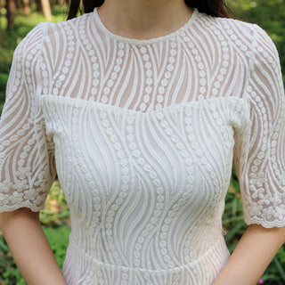 Elegant All-over Lace Midi Wedding Dress with Half Sleeves - Rosymae