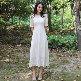 Elegant All-over Lace Midi Wedding Dress with Half Sleeves - Rosymae