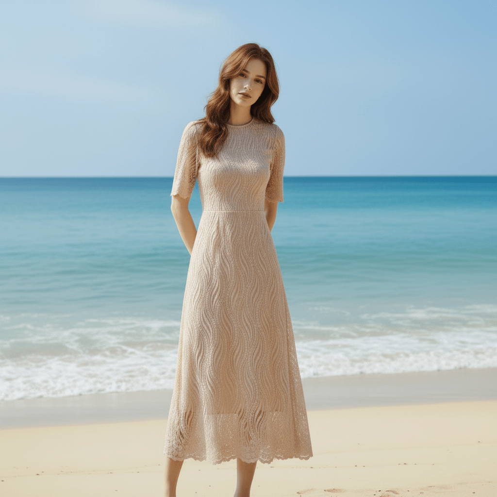 Elegant All-over Lace Midi Wedding Dress with Half Sleeves - Rosymae
