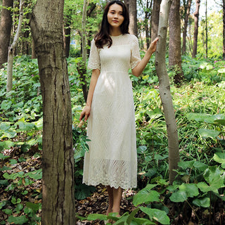 Elegant All-over Lace Midi Wedding Dress with Half Sleeves - Rosymae