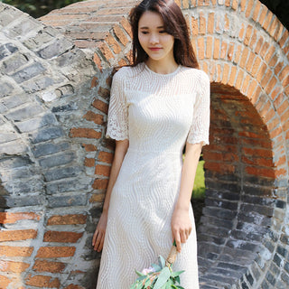 Elegant All-over Lace Midi Wedding Dress with Half Sleeves - Rosymae