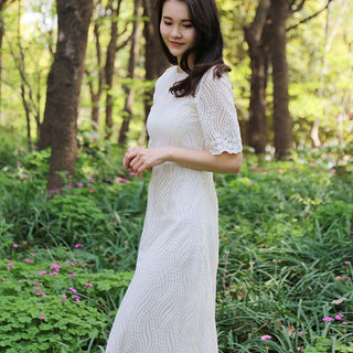 Elegant All-over Lace Midi Wedding Dress with Half Sleeves - Rosymae
