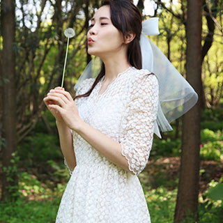 Elegant All Over Retro Lace A Line Tea Length Wedding Dress with 3/4 Sleeves - Rosymae