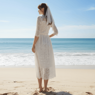 Elegant All Over Retro Lace A Line Tea Length Wedding Dress with 3/4 Sleeves - Rosymae