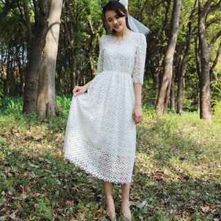 Elegant All Over Retro Lace A Line Tea Length Wedding Dress with 3/4 Sleeves - Rosymae